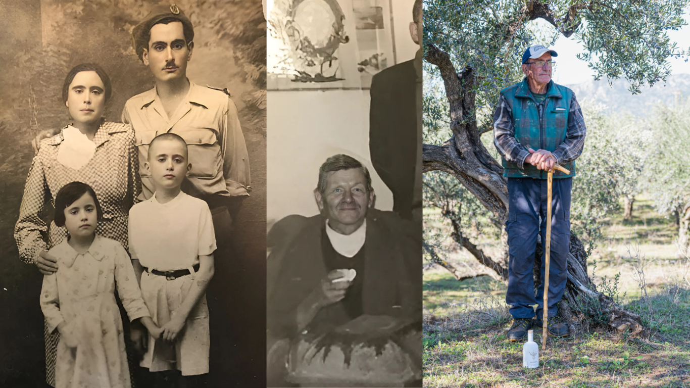 Collage of two vintage black-and-white family photos beside a color image of a present-day farmer leaning on an olive tree in Mani, Greece.