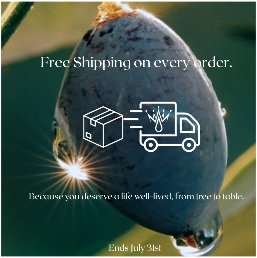 Close-up of dew-dropped olive at dawn with overlay text offering free shipping