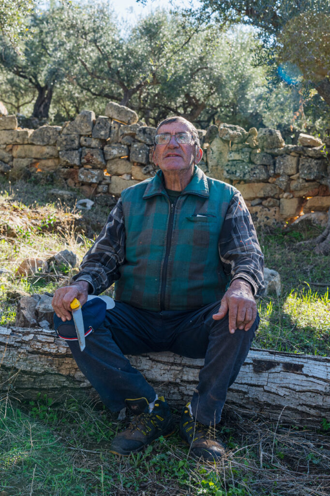 Mani farmer resting on a stone terrace with pruning knife after morning harvest for Le Maniot superior olive oil	.