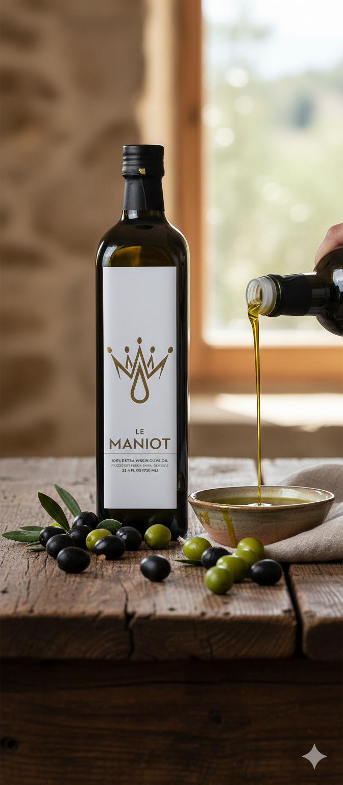 le-maniot-ancetre-heritage-750ml-lifestyle-2 Le Maniot Ancetre 750ml unfiltered extra virgin olive oil bottle on a rustic wooden table with fresh olives and pouring oil into a saucer.